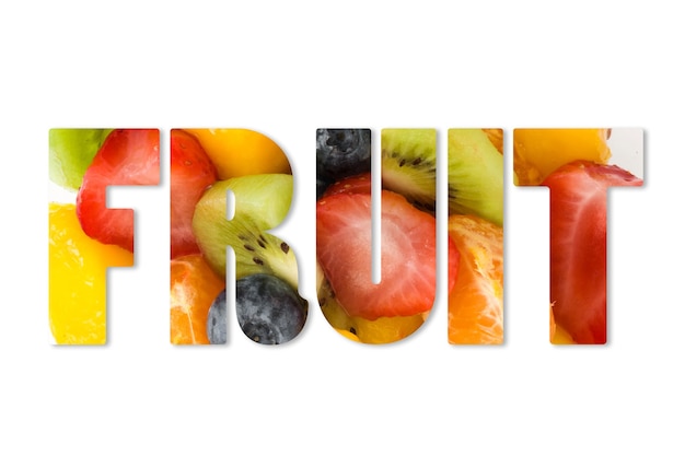 Photo the word fruit composite with different types of fruit photo inside, on white background