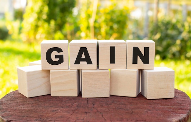 The word GAIN is made up of wooden cubes lying on an old tree stump against a blurred garden background.