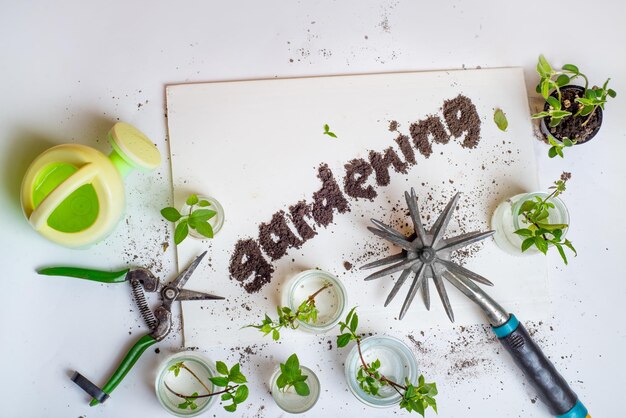 Photo word gardening from the ground on a white background sprouts green leaves and garden tools