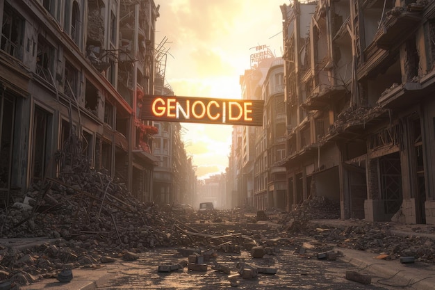 Word of GENOCIDE neon sign cinematic on a city that has been destroyed