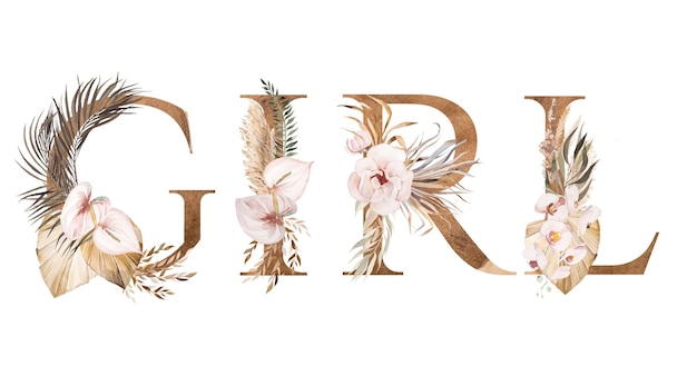 Word girl коричневые акварельные буквы с сушеными листьями и тропическими цветами богемная иллюстрация