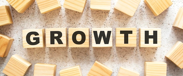 The word GROWTH consists of wooden cubes with letters top view on a light background