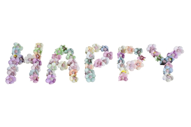 The word HAPPY is lined with letters on a white background in multicolored flowers