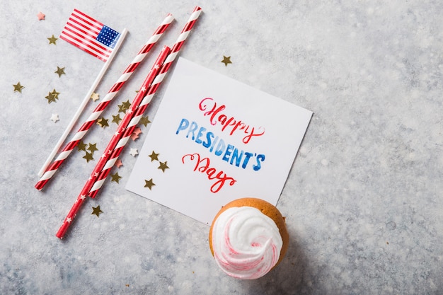 Word Happy Presidents day. Patriotic Baking Supply Cup Cake Holders for holiday and july 4th concepts.