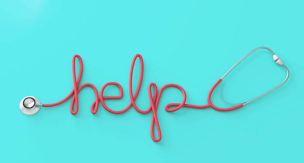 Word HELP from red stethoscope on green background. 3d render.