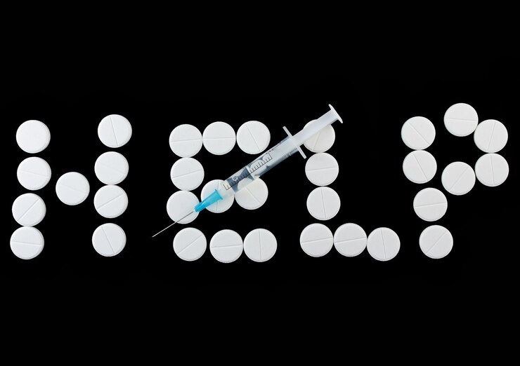 Photo word -help with syringe on white pills. black background