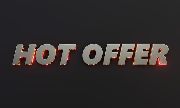 Photo word hot offer is written on dark background with cinematic and neon text effect 3d rendering