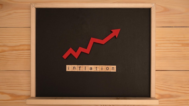 Word inflations assembled from wooden letters game and red arrow on black school chalkboard