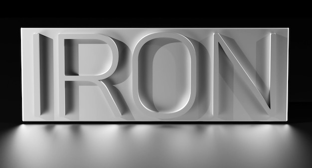 Концепция Word IRON IRON на железном фоне с металлическим отражениемКонцептуальная отрасль металлургической сферы производства металла 3D рендеринг иллюстрации