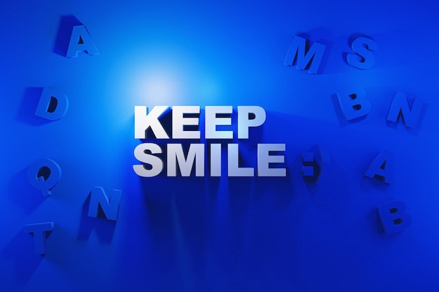 Word Keep Smile in 3d on studio blue background, Keep smile 3d render