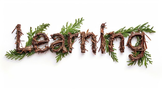 The word Learning isolated on white background made in Pine Twig Letters style