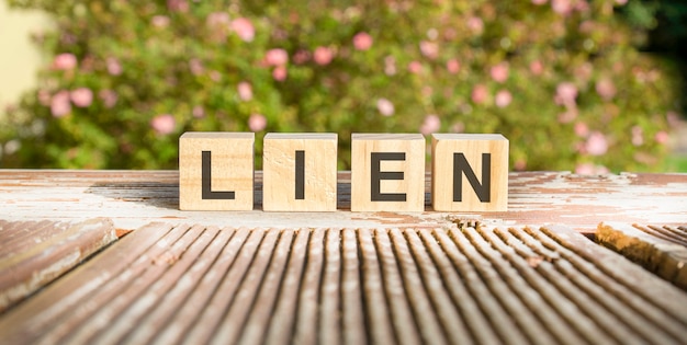 Photo the word lien is written on wooden cubes. the blocks are placed on an old wooden board illuminated by the sun. in the background is a brightly blooming shrub