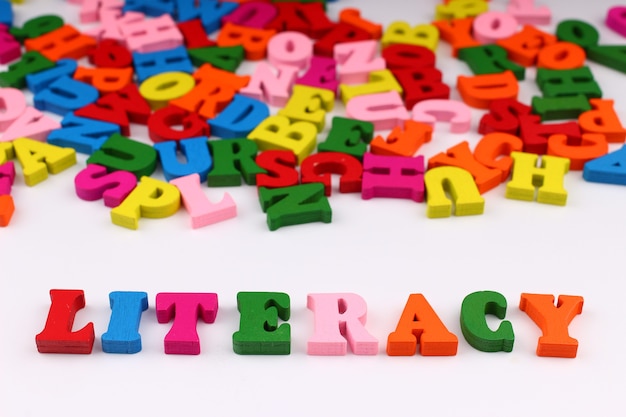 The word literacy with colored letters