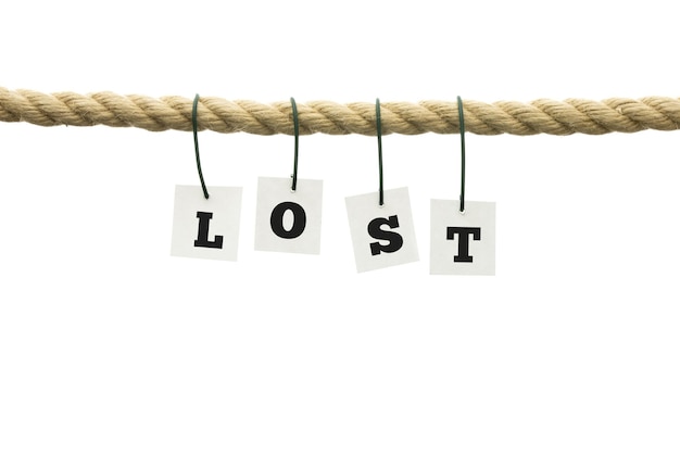 Photo word - lost - with individual alphabet letters each attached by a wire hanging from a rope over white in a conceptual image with copyspace.