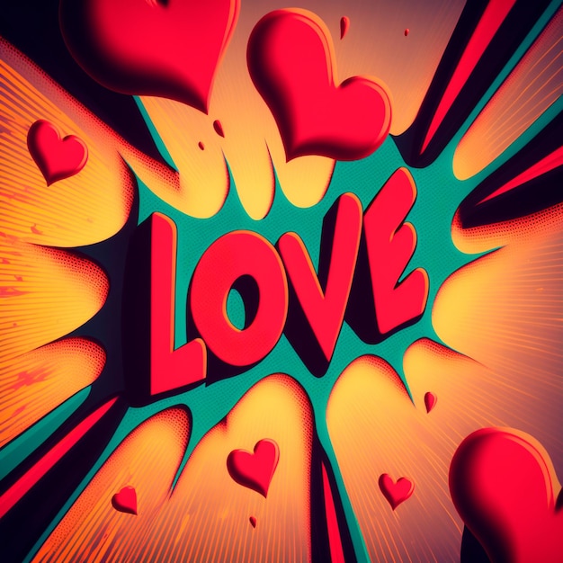 The word Love on a colorful background in the style of pop art