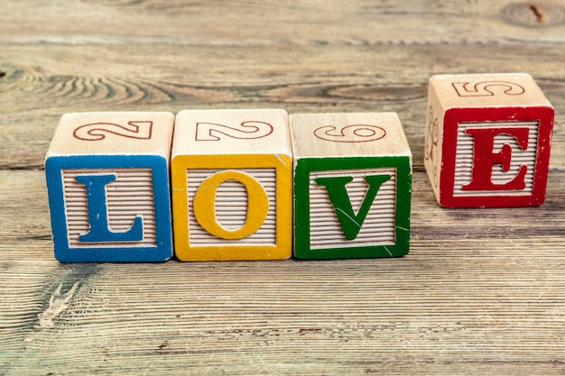 Word love from children's wooden blocks