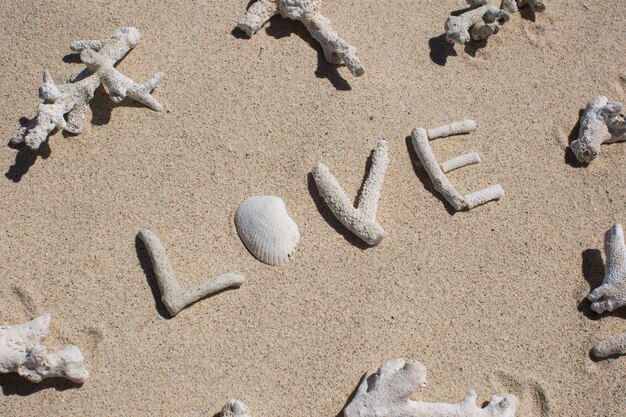 熱帯のビーチの砂の上のサンゴからの言葉の愛