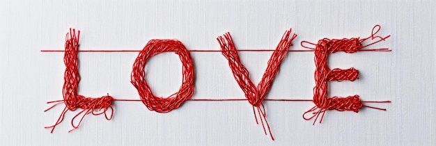 The word Love is embroidered with red threads on a white background