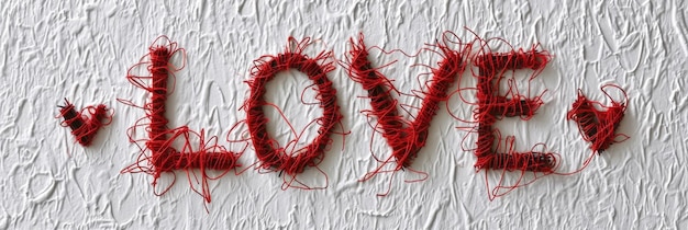 The word Love is embroidered with red threads on a white background