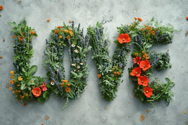 Photo word love made of flowers on grey textured background top view