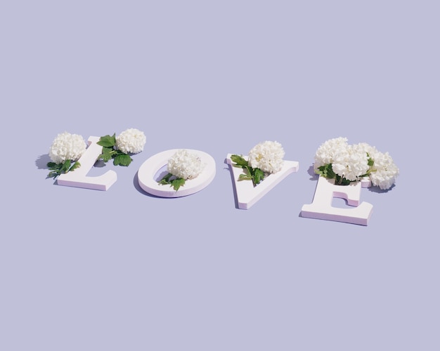 Word love made of white letters and beautiful white flowers. Spring time lovers message. Minimal nature concept.