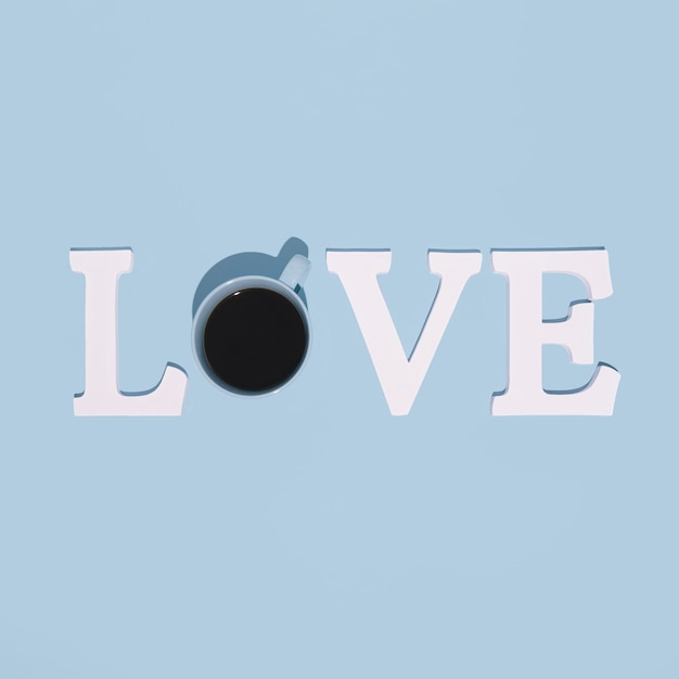 Word LOVE made with one blue cup full of coffee. Pastel blue background.