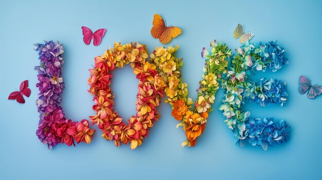 Word LOVE spelled out with multicolored flowers butterflies blue background Flat lay copy space