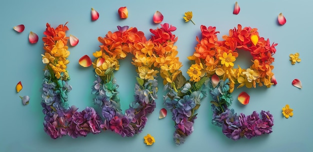 Word LOVE spelled out with multicolored flowers butterflies blue background Flat lay copy space