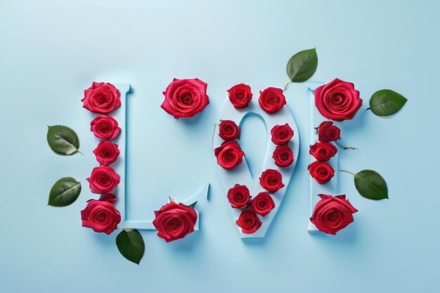 Word love with roses border on pastel blue background top view with copy space