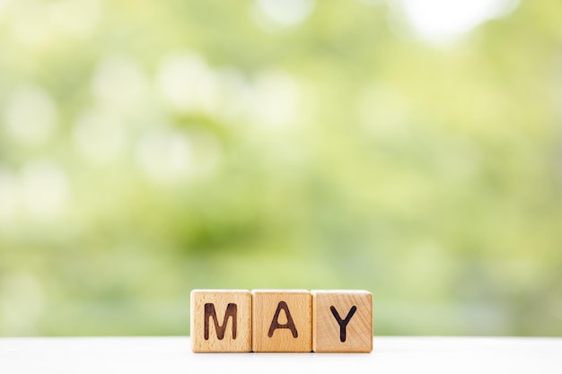 Photo the word may on wooden cubes they lie on other cubes against the backdrop of the summer garden