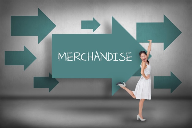 The word merchandise and happy and classy brunette posing against blue arrows pointing