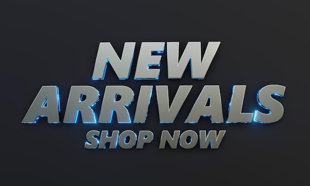 Word New Arrivals is geschreven op een donkere achtergrond met filmisch en neoneffect. 3D-weergave