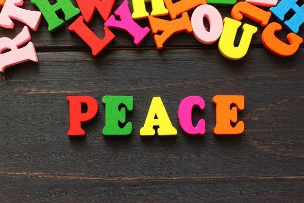 The word peace with colored letters