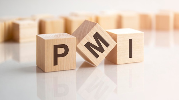 Word PMI made with wood building blocks stock image background may have blur effect