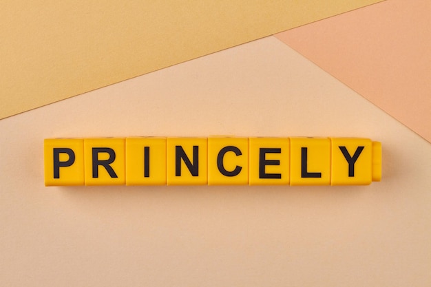 The word princely written on yellow cubes on color background close up flat lay