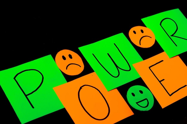 The word quotpowerquot written in separate letters on green and\
orange sheets with drawings of sad and smiling faces