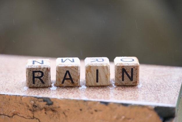 Word rain collected of wooden cubes in raw