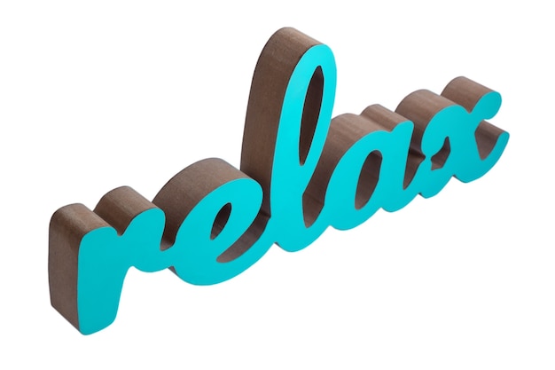 Слово RELAX бирюзового цвета на белом фоне с обтравочным контуром.