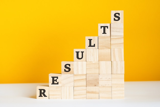 The word results is written on a wooden cubes. blocks on a bright yellow background. corporate hierarchy concept and multilevel marketing. selective focus.