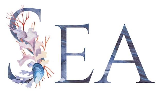 Word SEA made of Blue letters decorated with watercolor seaweeds corals and seashells illustration