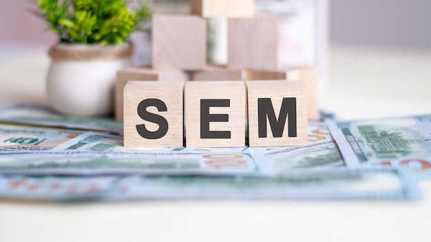 단어 SEM은 피라미드로 배열 된 나무 큐브에 기록됩니다. 큐브는 테이블에 놓인 지폐에 있습니다. 백그라운드에서 냄비에 녹색 식물. SEM-검색 엔진 마케팅의 약자