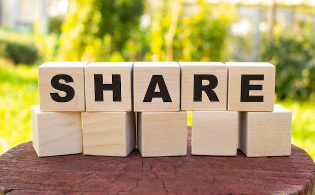 The word SHARE is made up of wooden cubes lying on an old tree stump against a blurred garden background. Business concept.