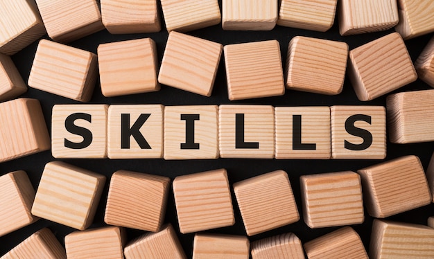 Word SKILLS made with wood building blocks