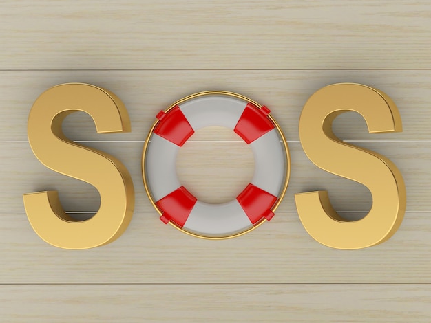 Photo word sos with lifebuoy on wooden