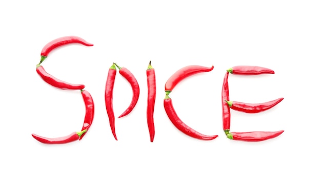 Photo word spice made of red chili peppers isolated on white