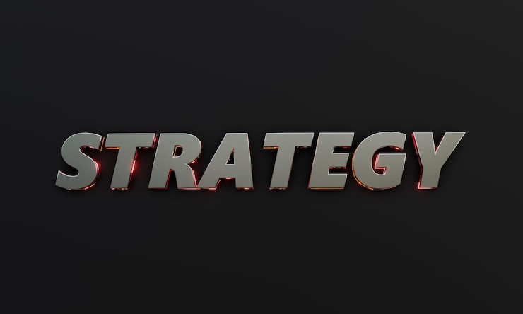 Photo word strategy is written on dark background with cinematic and neon text effect 3d rendering