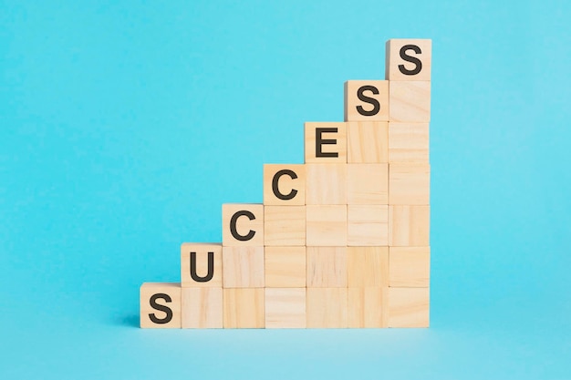 The word SUCCESS is written on a wooden cubes concept