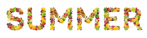 Word summer made of different fruits and berries, fruit font isolated on white