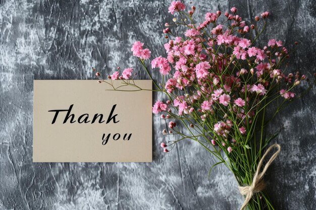 The word thank you on a card and a bouquet of wild pink flowers top view