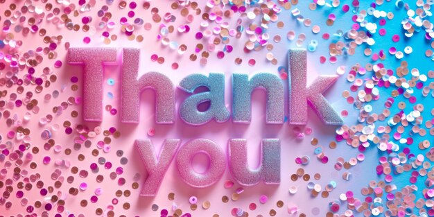 The word thank you made with pink and blue 3D letters on a gradient background with sequins